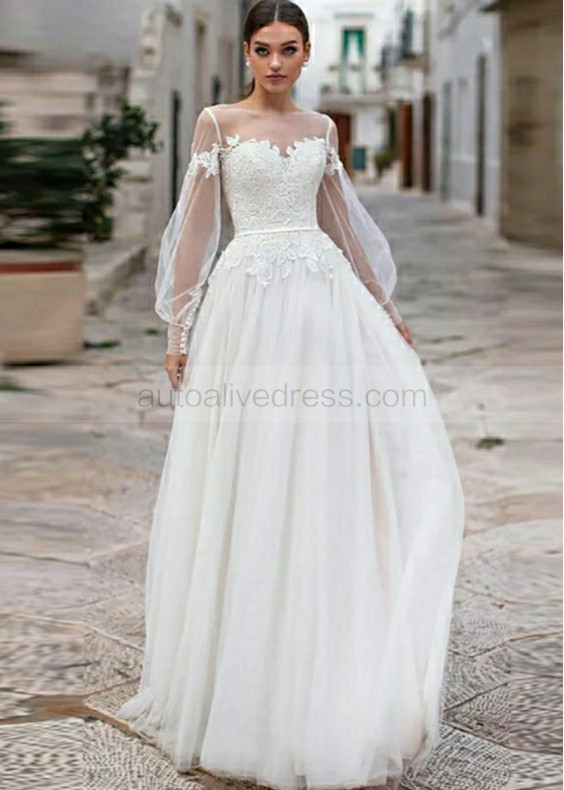 Transparent Sleeve Ivory Lace Tulle Wedding Dress